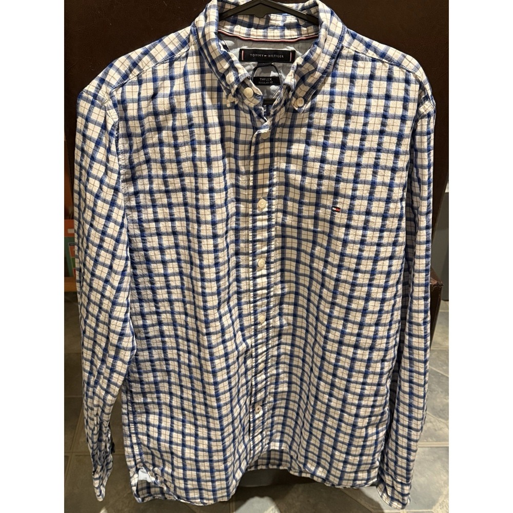 Tommy Hilfiger Mens Dress Shirt, The Flex Regular Fit Long Sleeve Plaid Blue S